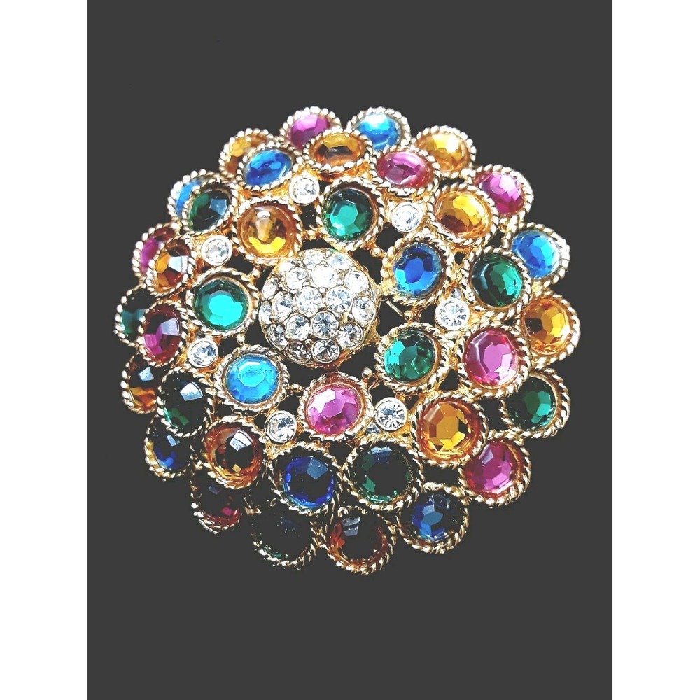 Vintage CRAFT Brooch Pin Multicolor Stones Round Dome Gold Tone